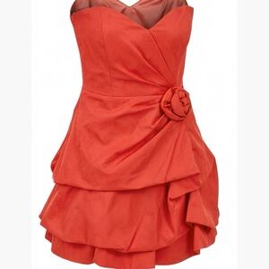 Betsy & Adam Strapless Coral-Red Cocktail Dress with Rosette